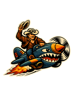 The Spitfire Cowboy mascot: one cowboy hat on his head, another raised, riding a shark-mouth plane.