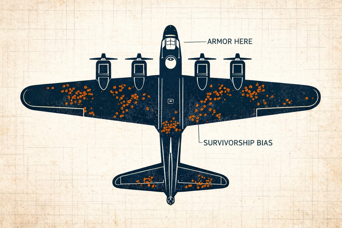 Abraham Wald's survivorship bias diagram — armor where the bullet holes aren't